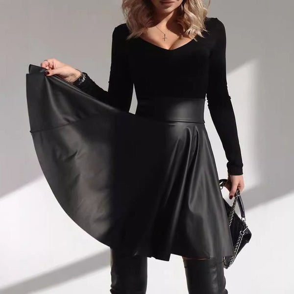 High-Waist PU Leather Umbrella Skirt with Zipper