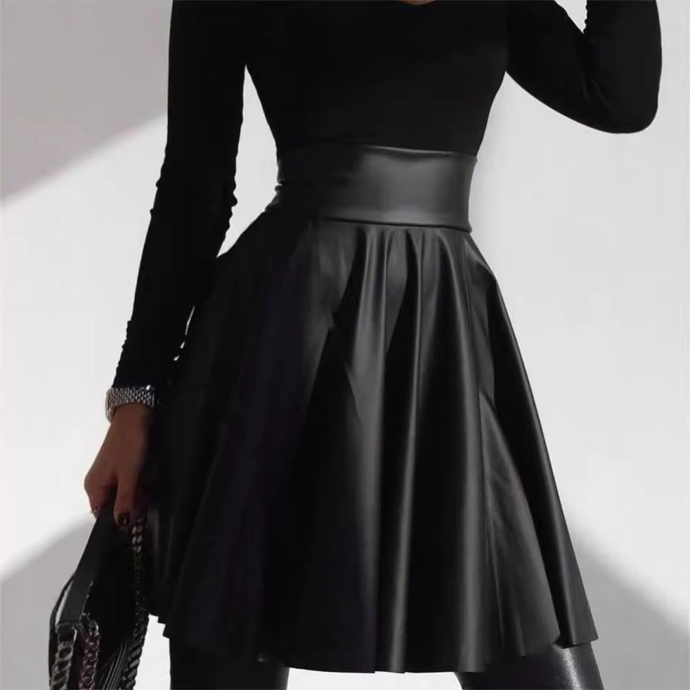 High-Waist PU Leather Umbrella Skirt with Zipper
