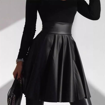 High-Waist PU Leather Umbrella Skirt with Zipper