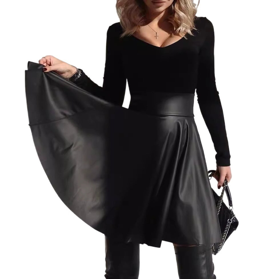 High-Waist PU Leather Umbrella Skirt with Zipper