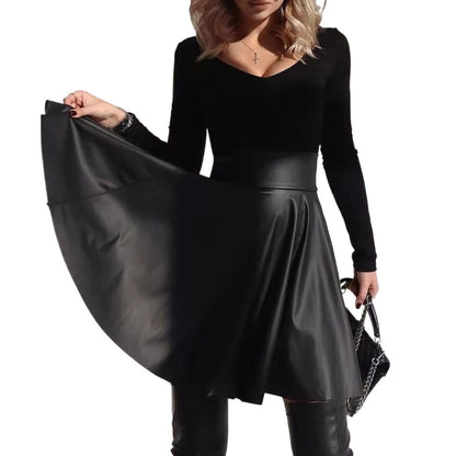 High-Waist PU Leather Umbrella Skirt with Zipper
