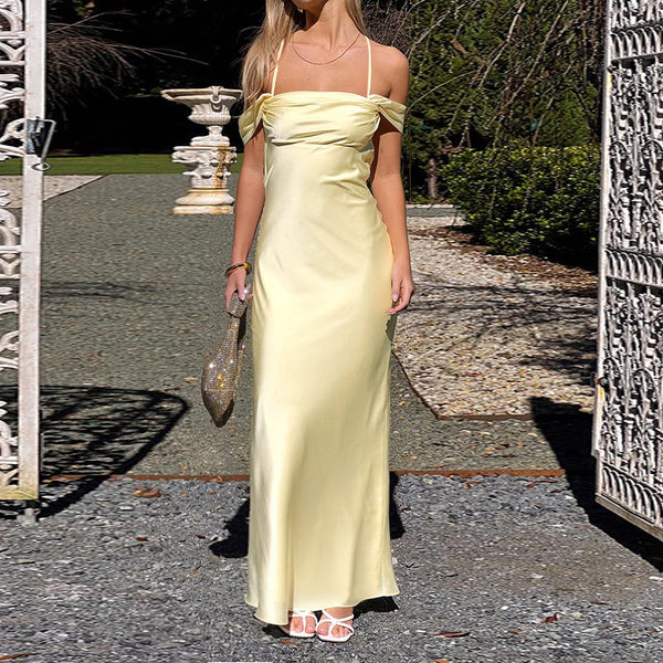 A-Line Satin Maxi Dress with Backless Criss-Cross Straps