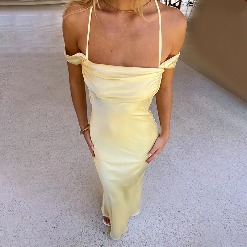 A-Line Satin Maxi Dress with Backless Criss-Cross Straps