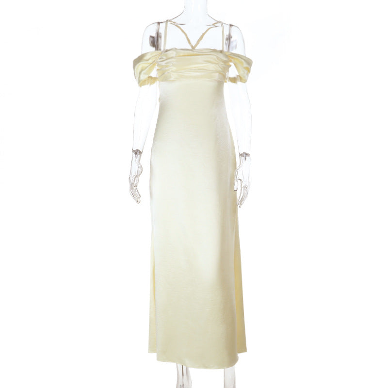 A-Line Satin Maxi Dress with Backless Criss-Cross Straps
