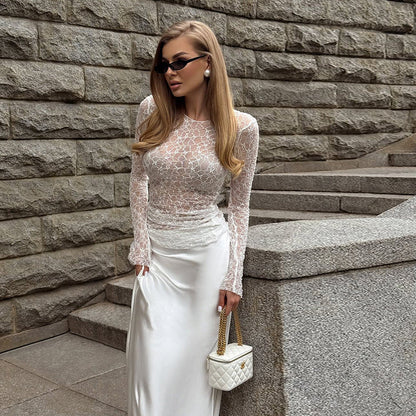 Slim Fit Sheer Floral Lace Top with Long Sleeves