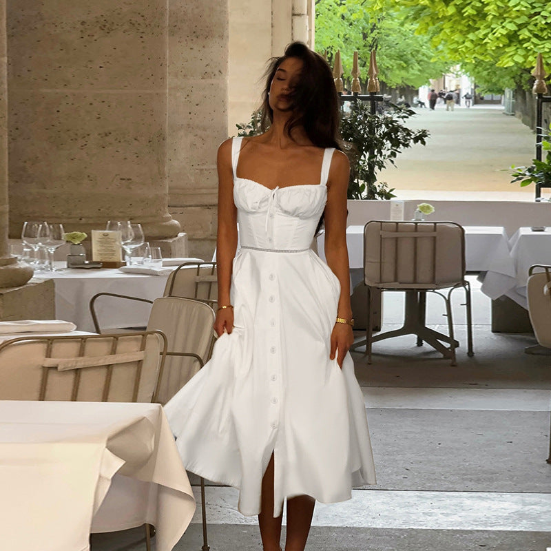 A-Line Midi Dress with Bustier Bodice and Button Front