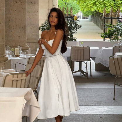 A-Line Midi Dress with Bustier Bodice and Button Front