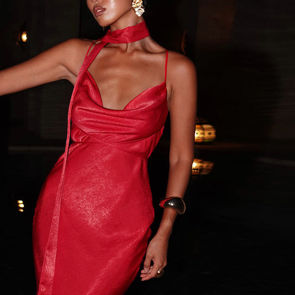 Bodycon Satin Maxi Dress with Cowl Neck and Scarf Detail