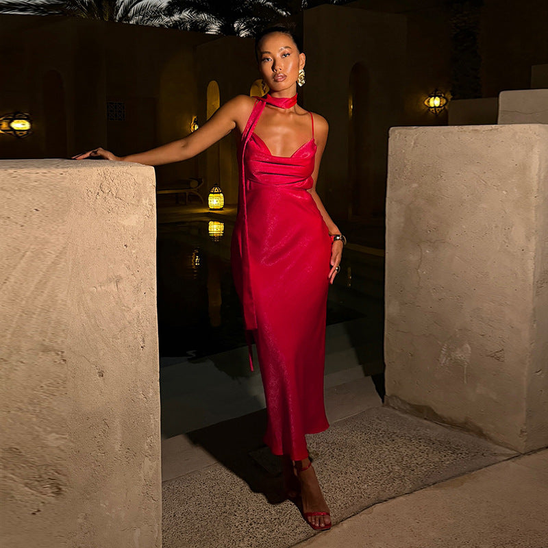Bodycon Satin Maxi Dress with Cowl Neck and Scarf Detail
