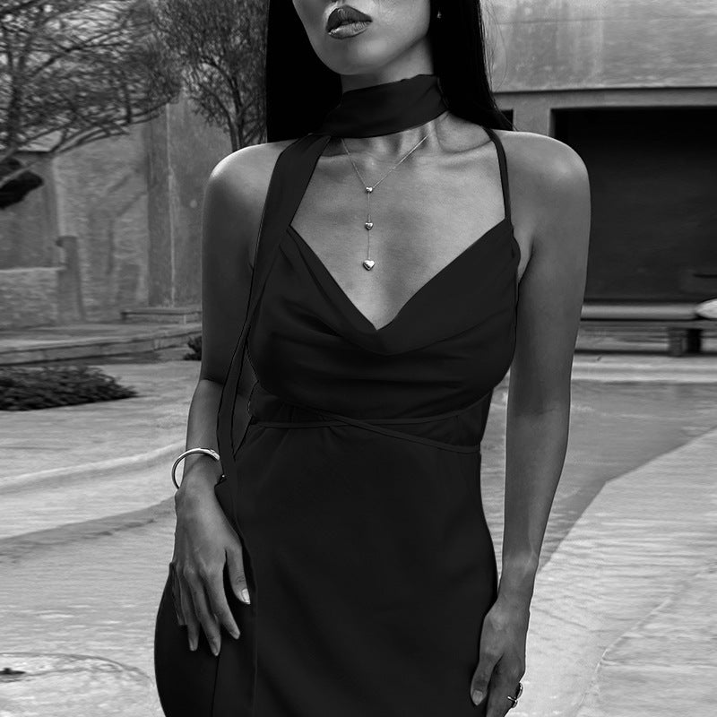 Bodycon Satin Maxi Dress with Cowl Neck and Scarf Detail