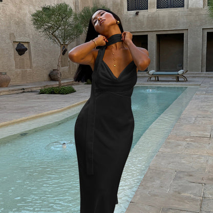 Bodycon Satin Maxi Dress with Cowl Neck and Scarf Detail