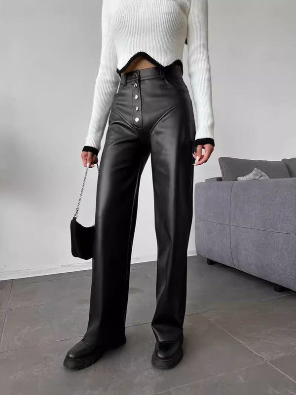 Straight-Leg PU Leather Pants with Exposed Button Fly