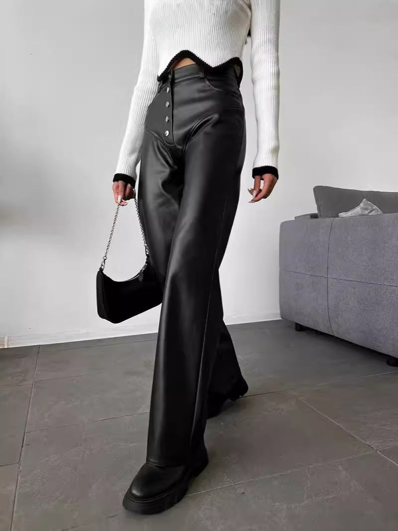 Straight-Leg PU Leather Pants with Exposed Button Fly