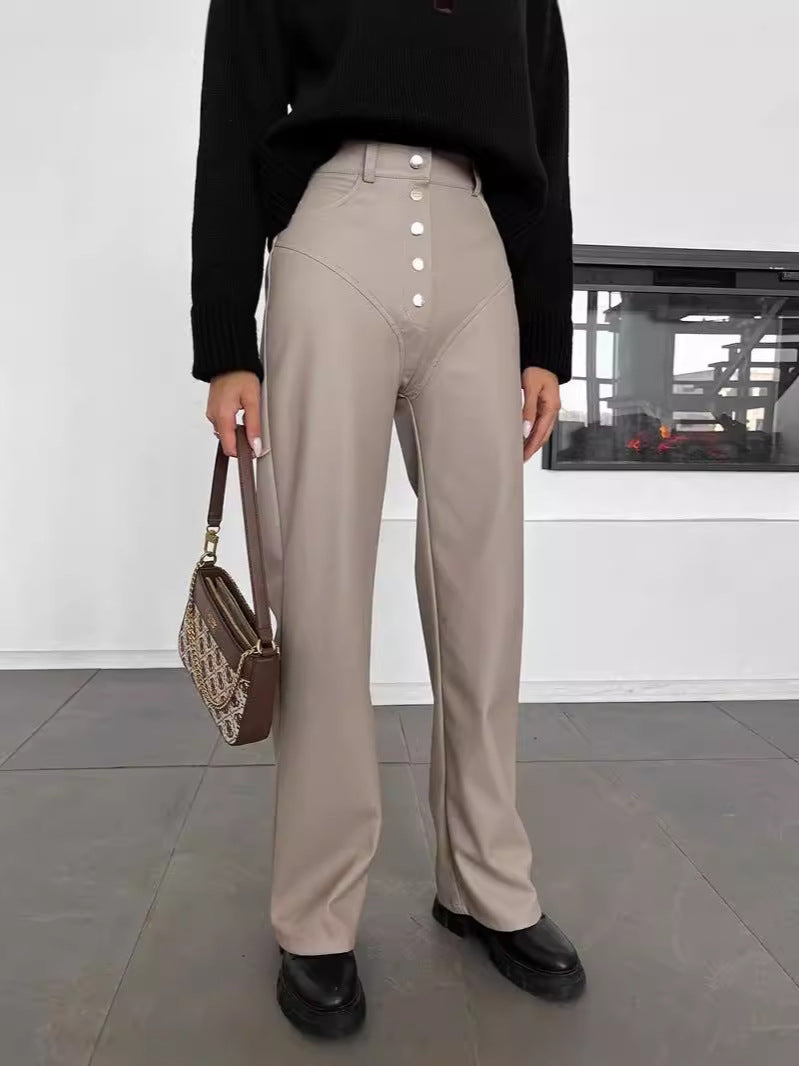 Straight-Leg PU Leather Pants with Exposed Button Fly
