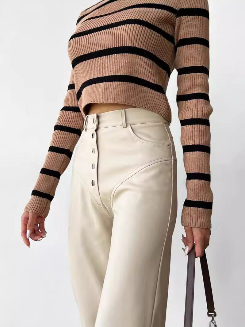 Straight-Leg PU Leather Pants with Exposed Button Fly
