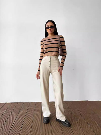 Straight-Leg PU Leather Pants with Exposed Button Fly