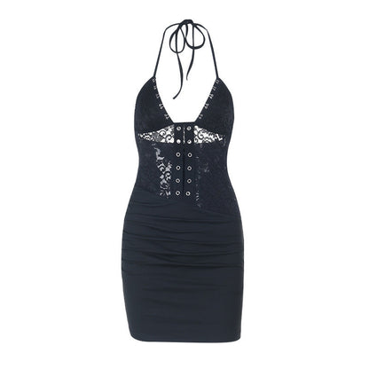 Bodycon Mini Dress with Lace Splicing and Hook-and-Eye Detail