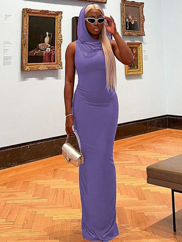 Hooded Sleeveless Bodycon Maxi Dress with Side Slit