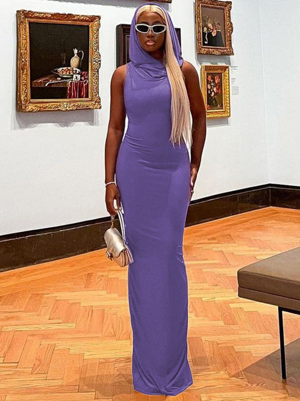 Hooded Sleeveless Bodycon Maxi Dress with Side Slit