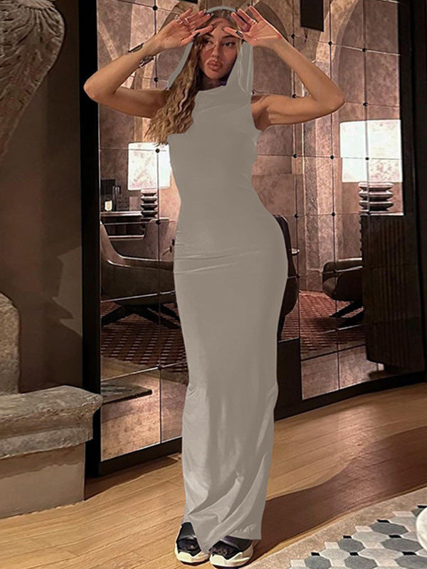 Hooded Sleeveless Bodycon Maxi Dress with Side Slit