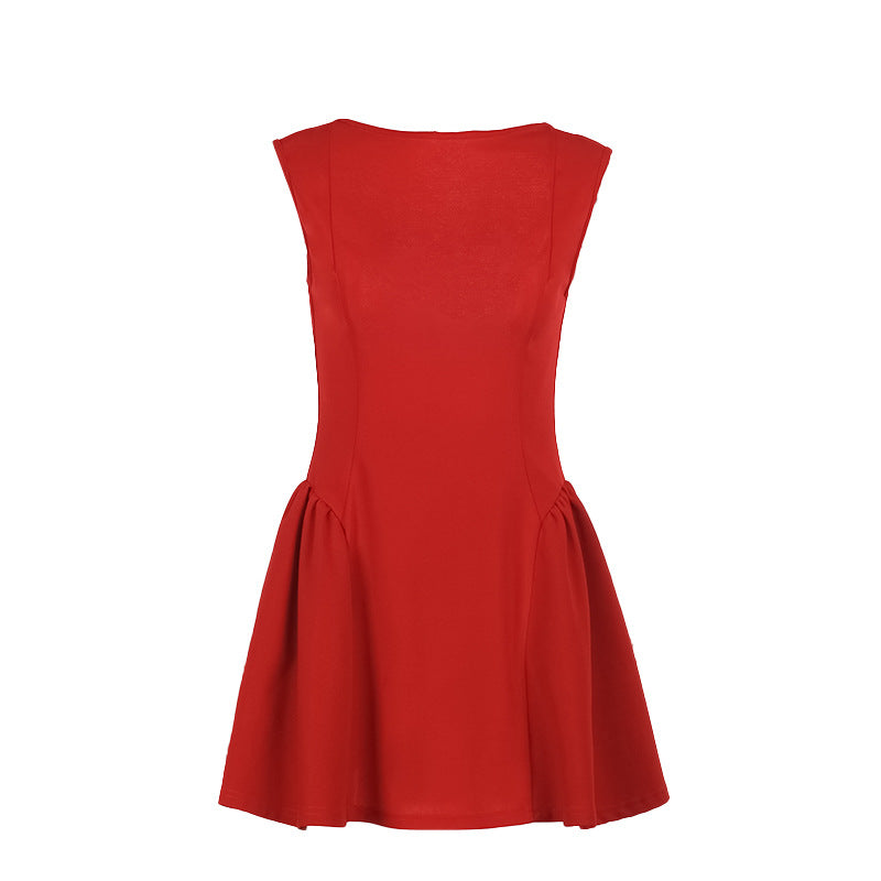 Sleeveless A-Line Mini Dress with Boat Neck and Open Back