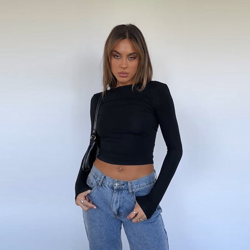 Slim Fit Long Sleeve Cropped Top with Backless Tie Detail