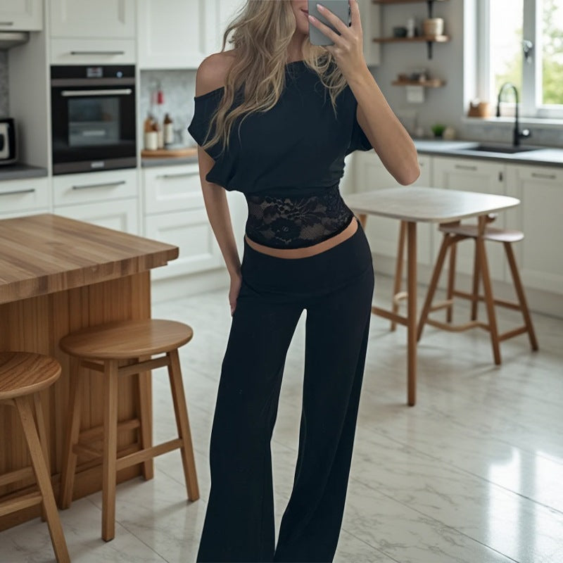 Off-Shoulder Top with Lace Patchwork Waist Detail