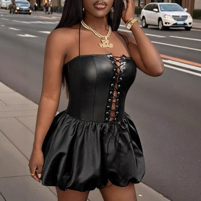Lace-Up Corset Mini Dress with Bubble Skirt