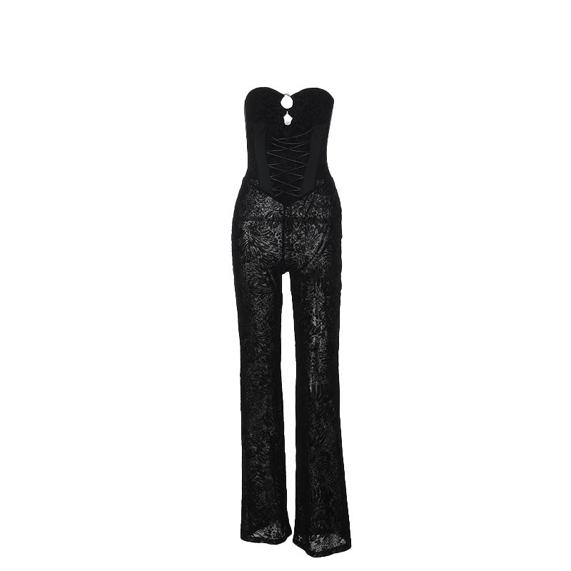 Strapless Bodycon Jumpsuit with Flocking and Lace-Up Detail
