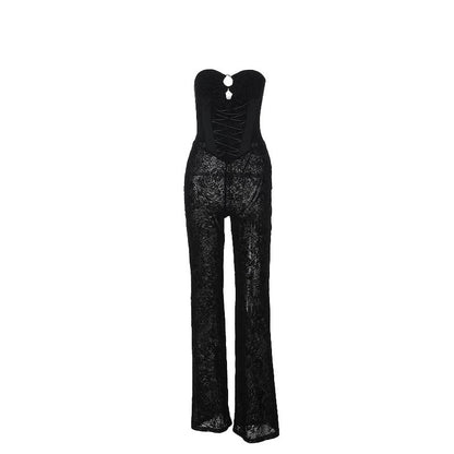 Strapless Bodycon Jumpsuit with Flocking and Lace-Up Detail