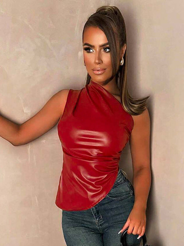 Asymmetrical Slant Neck Faux Leather Top with Ruched Detail