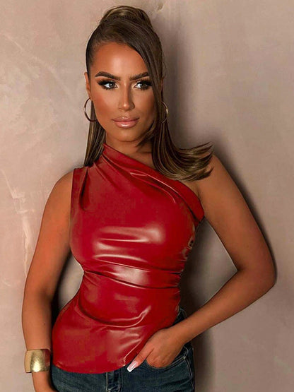 Asymmetrical Slant Neck Faux Leather Top with Ruched Detail