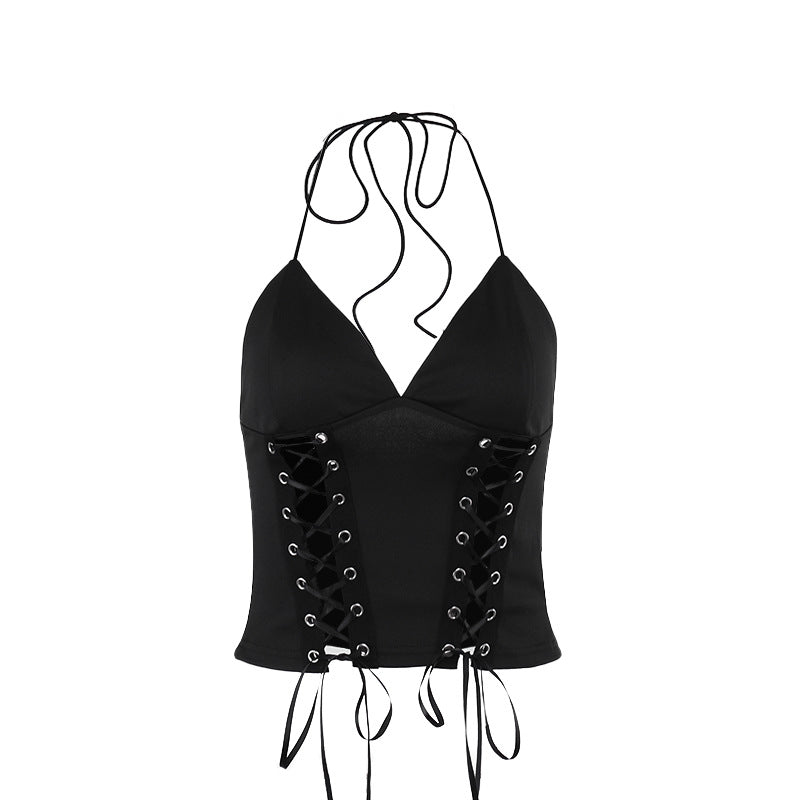 Cropped Halter Top with Lace-Up Corset Detail