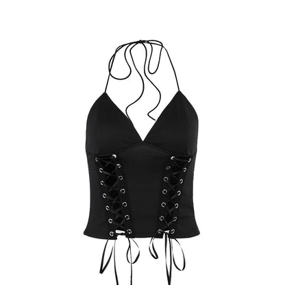 Cropped Halter Top with Lace-Up Corset Detail