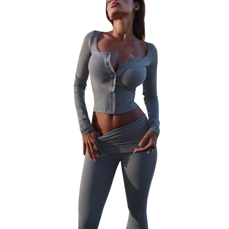 Solid Color Button-Front Long-Sleeve Top and Flared Pants Set