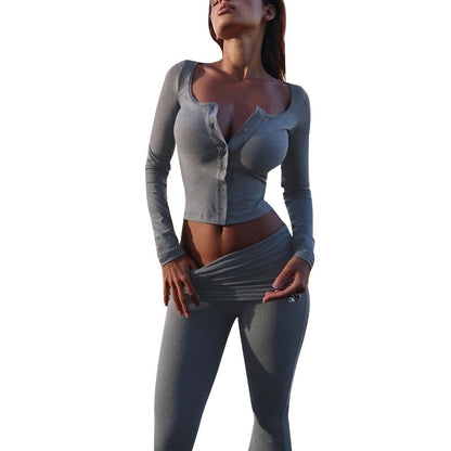 Solid Color Button-Front Long-Sleeve Top and Flared Pants Set