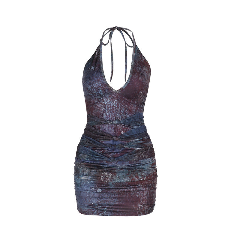 Ruched Bodycon Mini Dress with Halter Neck and Abstract Print