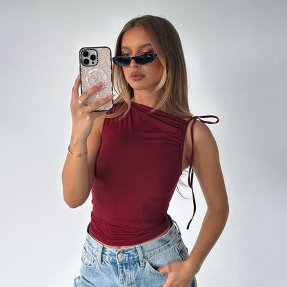 Solid Color Slim Fit Vest Top with Ruched Side and Shoulder Tie