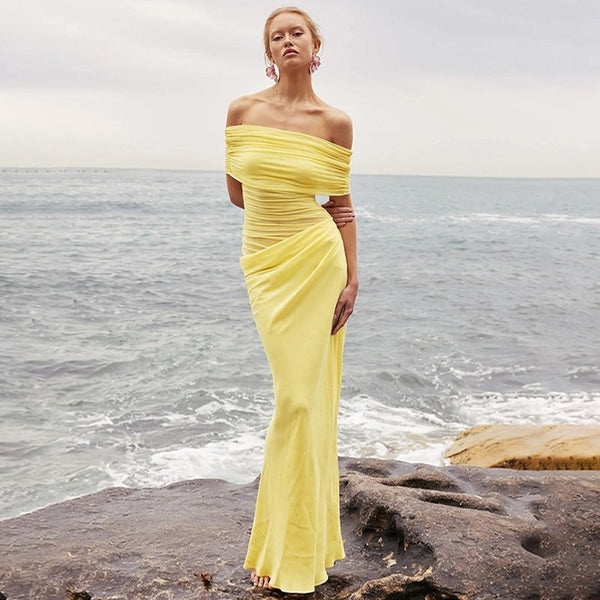 Ruched Off-the-Shoulder Maxi Dress with Side Cutout