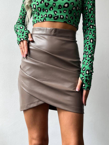 High-Waist PU Mini Skirt with Ruched Front and Tulip Hem