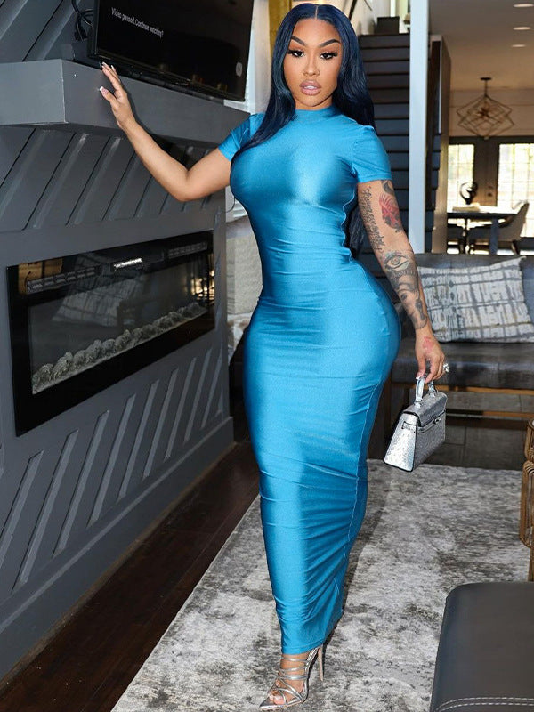Bodycon Maxi Dress with Mock Neck and Short Sleeves