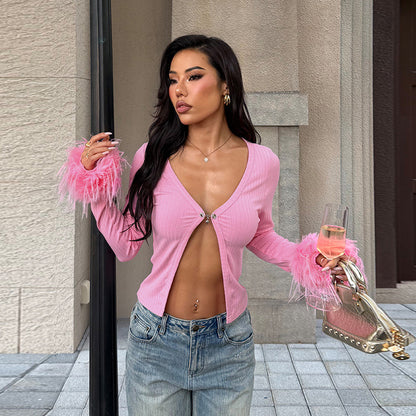 Slim Fit Cropped Cardigan with Ostrich Feather Cuffs