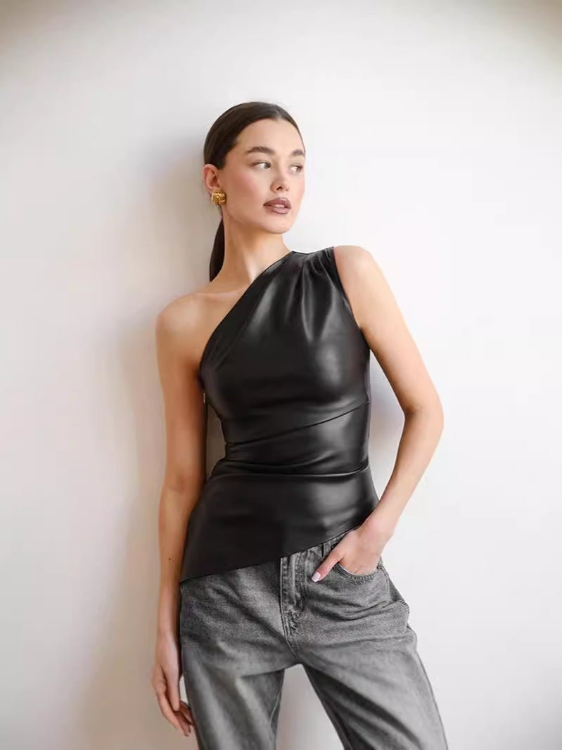 Sleeveless One-Shoulder Slant Collar Top Solid Color