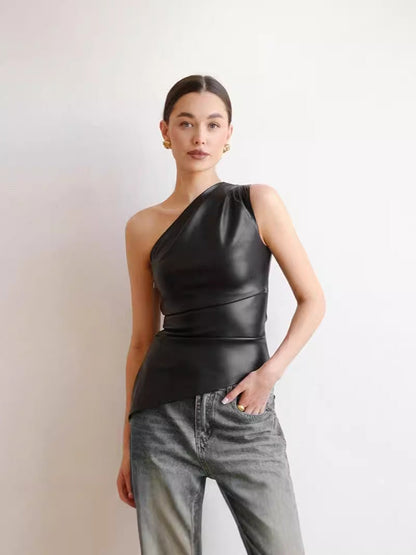 Sleeveless One-Shoulder Slant Collar Top Solid Color
