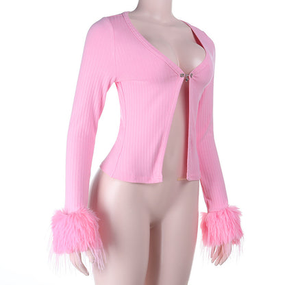 Slim Fit Cropped Cardigan with Ostrich Feather Cuffs