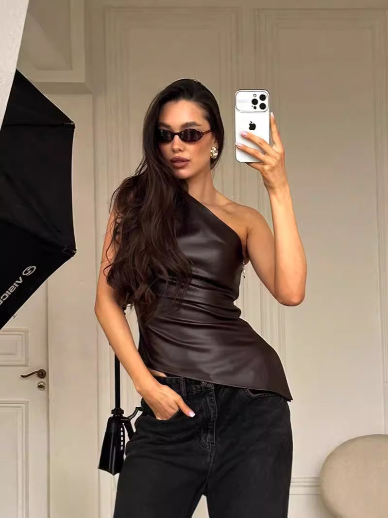 Sleeveless One-Shoulder Slant Collar Top Solid Color