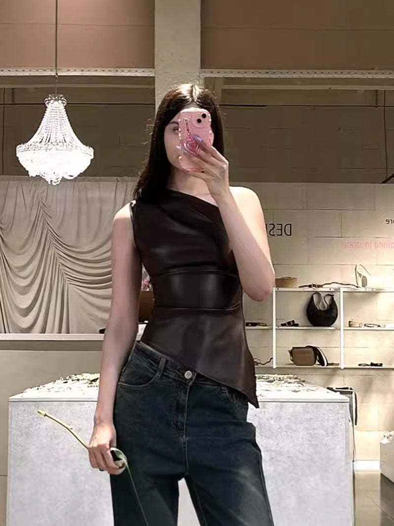 Sleeveless One-Shoulder Slant Collar Top Solid Color