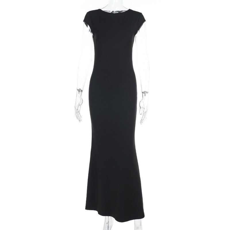 Bodycon Maxi Dress with Backless Tie and Cap Sleeves