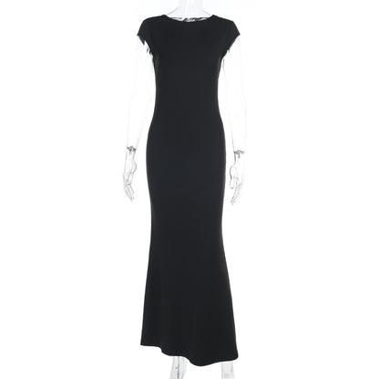 Bodycon Maxi Dress with Backless Tie and Cap Sleeves
