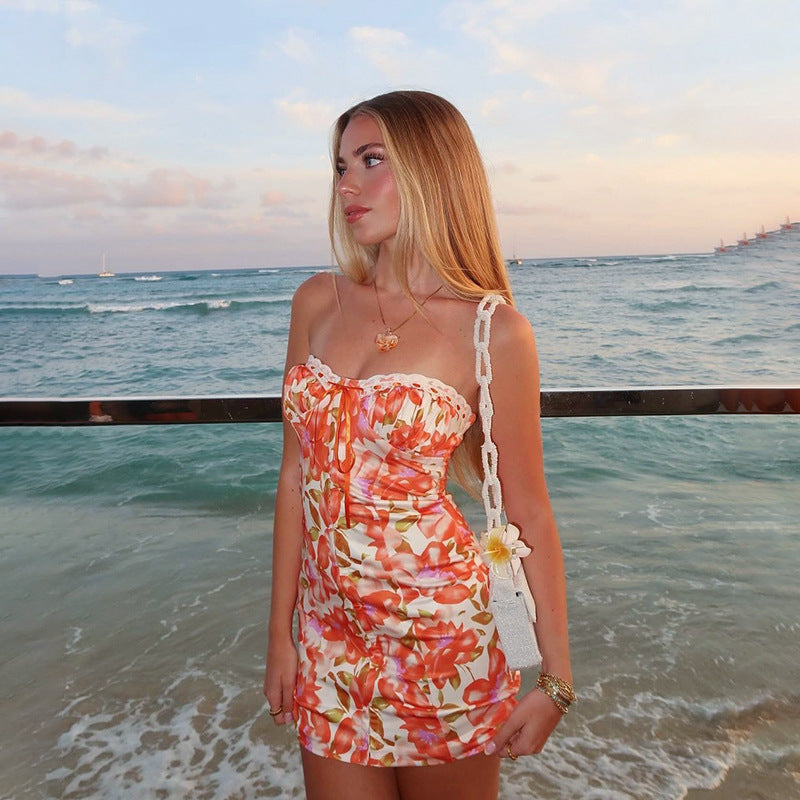 Strapless Backless Solid Color Hip Skirt Dress Polyester